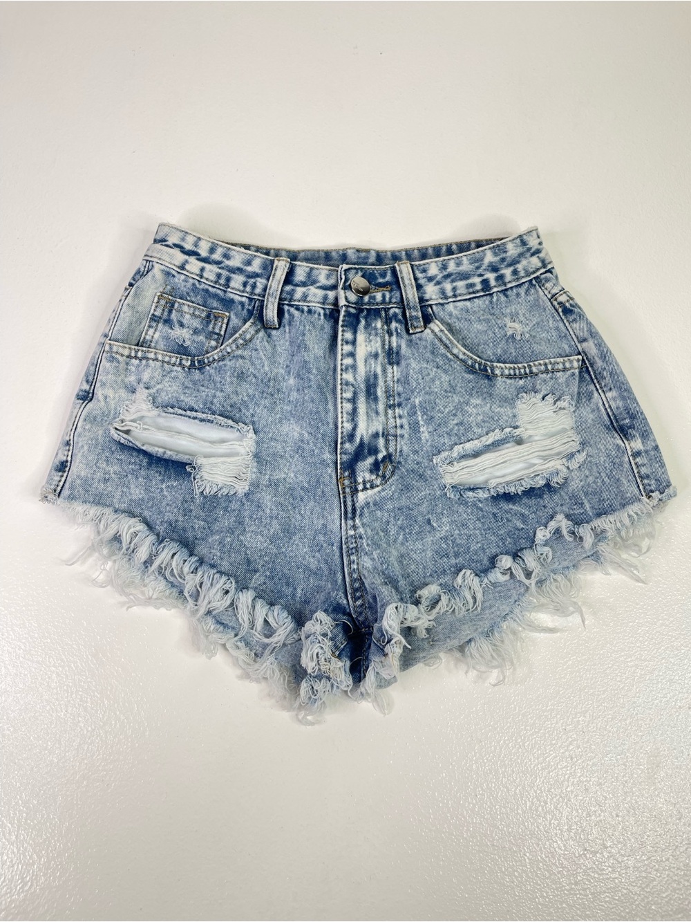 SHEIN Petite S Acid Wash Distressed High Rise Jean Shorts Frayed Raw Hem